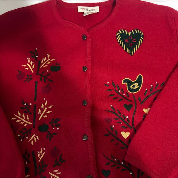 TALBOTS VTG 100% Wool Embroidered Hearts Birds Apple Beaded Cardigan Size L - Picture 7 of 15